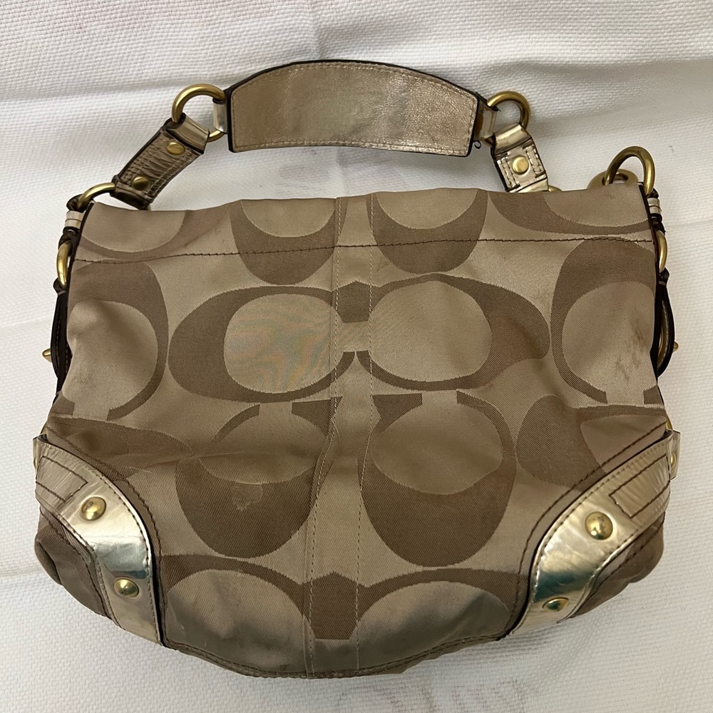 COACH Gold Shoulder Bag Purple Lining Approx 13” W x 9” H x 4” D EUC